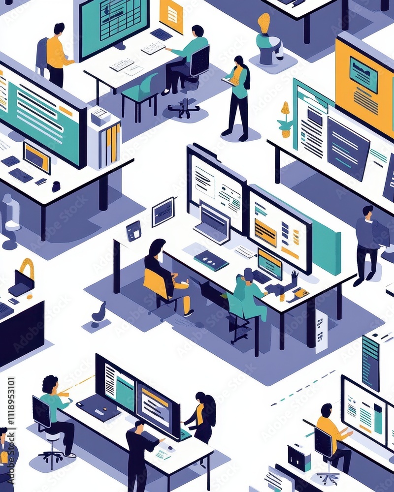 Illustration of a modern office environment with people working. Illustration of a modern office environment with people working.