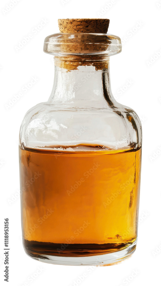 Small glass bottle filled with amber liquid, cut out - stock png. Small glass bottle filled with amber liquid, cut out - stock png.