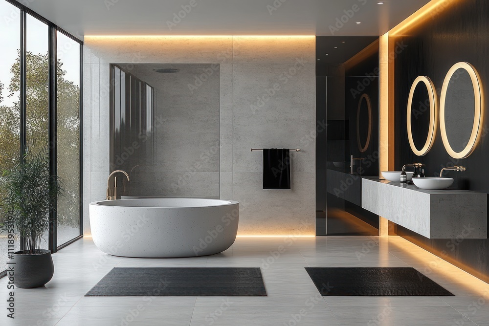 Naklejka premium Modern Minimalist Luxury Bathroom Interior with Freestanding Tub Round Mirrors and Ambient Lighting