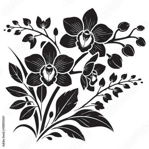 Silhouette Orchids Flowers With Leaves, orchid silhouette ,orchid sv g,orchid p ng,orchid illustrate ion,orchid, silhouette flower,vector 27