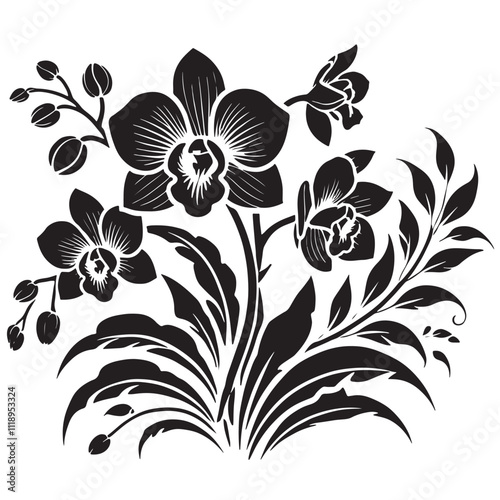 Silhouette Orchids Flowers With Leaves, orchid silhouette ,orchid sv g,orchid p ng,orchid illustrate ion,orchid, silhouette flower,vector 29