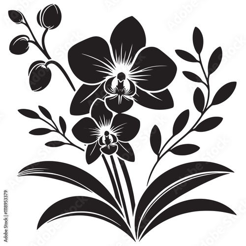 Silhouette Orchids Flowers With Leaves, orchid silhouette ,orchid sv g,orchid p ng,orchid illustrate ion,orchid, silhouette flower,vector 30