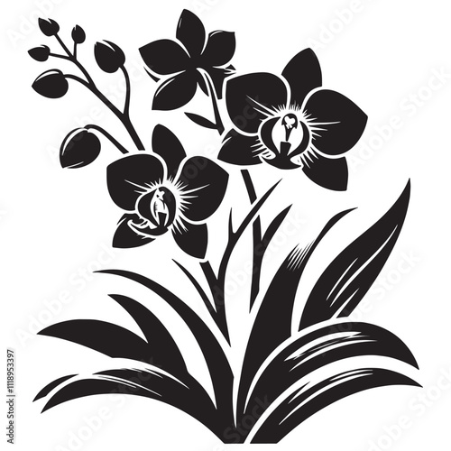Silhouette Orchids Flowers With Leaves, orchid silhouette ,orchid sv g,orchid p ng,orchid illustrate ion,orchid, silhouette flower,vector 31