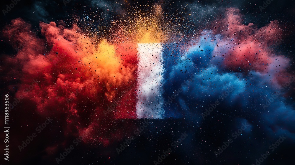 An explosion of red, white, and blue powder creates a vibrant representation of the French flag, evoking a sense of national pride and celebration An explosion of red, white, and blue powder creates a vibrant representation of the French flag, evoking a sense of national pride and celebration
