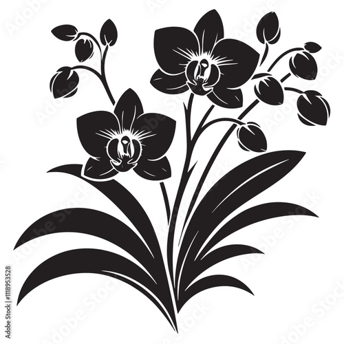 Silhouette Orchids Flowers With Leaves, orchid silhouette ,orchid sv g,orchid p ng,orchid illustrate ion,orchid, silhouette flower,vector 34