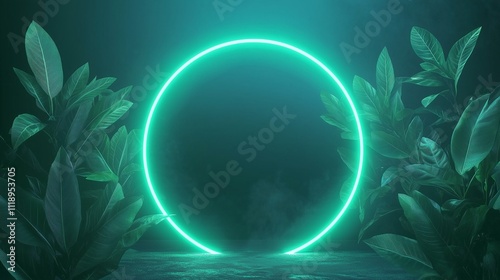 Contemporary Green Backdrop with Neon Halo and Decorative Leaves for Events  
