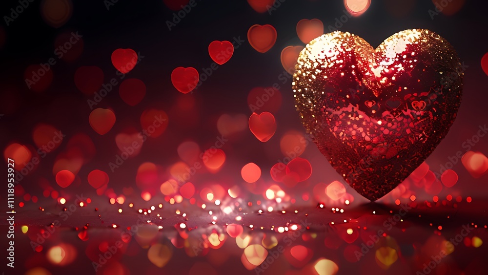 shimmering red and gold heart bokeh on a dark background