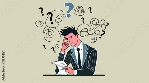 Young Businessman think in a perplexed problem with complicated solution symbol cartoon animation. Mind Confusion , Question mark and unclear thinking .