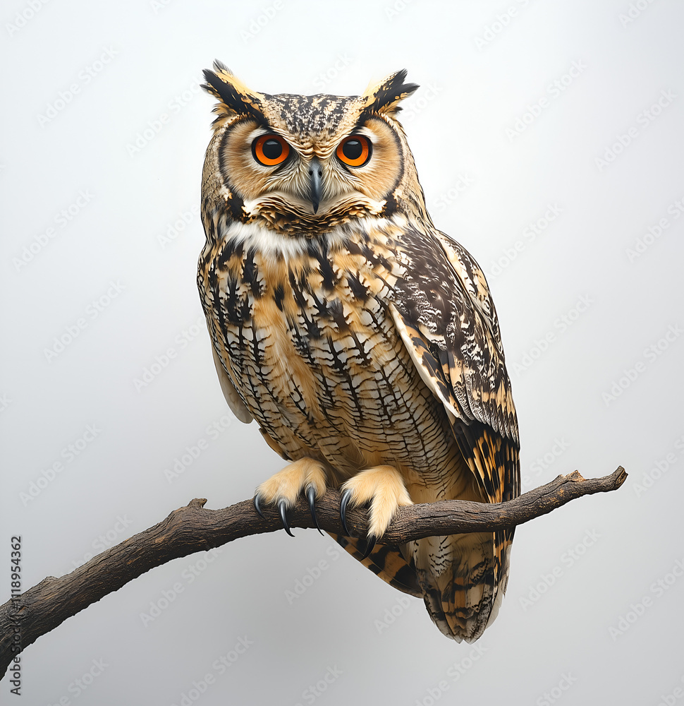 Naklejka premium an owl sitting on a branch, against a white background. The full body of the owl is visible, including its head and feet. The owl has orange eyes and its feathers are brown with black markings.