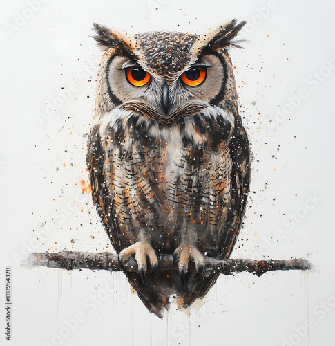 an owl sitting on a branch, against a white background. The full body of the owl is visible, including its head and feet. The owl has orange eyes and its feathers are brown with black markings. photo