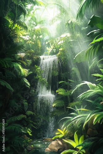 A serene jungle scene featuring a waterfall and lush greenery.