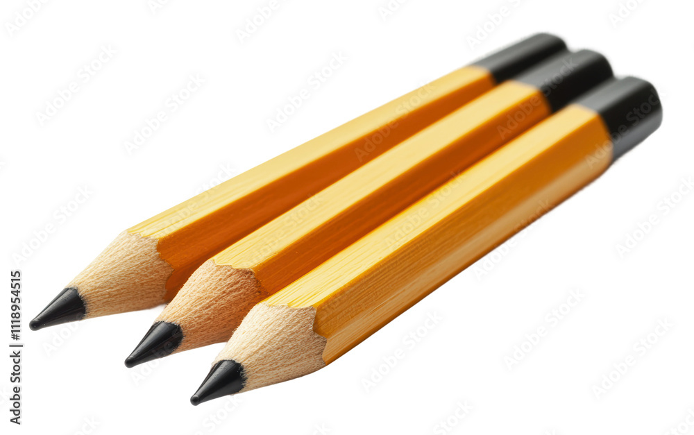 Three sharpened pencils arranged for writing, cut out - stock png. Three sharpened pencils arranged for writing, cut out - stock png.