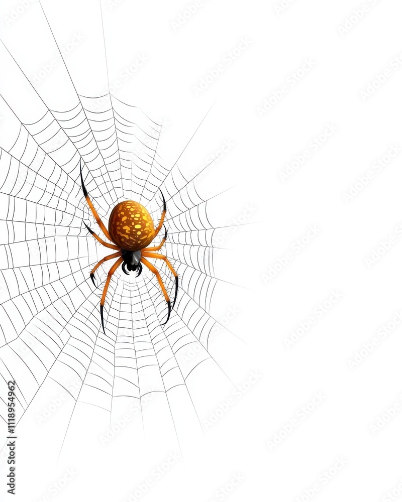 Obraz premium [Vibrant Spider Web Life Cycle] Minimalist Digital Spider Illustration with Intricate Black-White Web Design in White Background