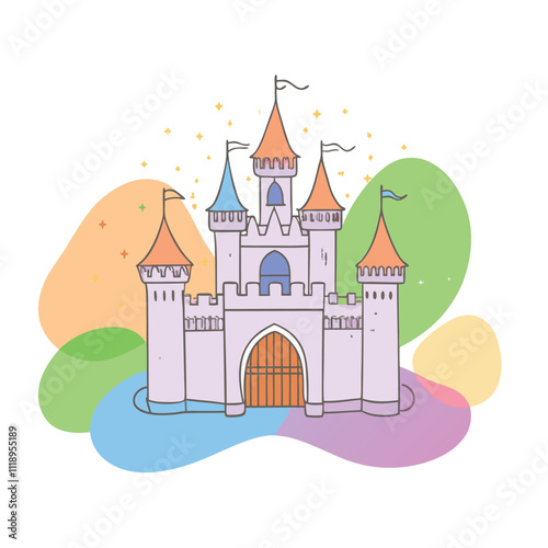 Majestic hand-drawn castle surrounded by abstract shapes of color, featuring tall towers, a gated entrance, and outlined in black with gold sparkles