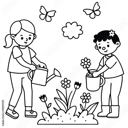 Two children, one holding a watering can and the other a bucket, tend to a garden filled with flowers and butterflies