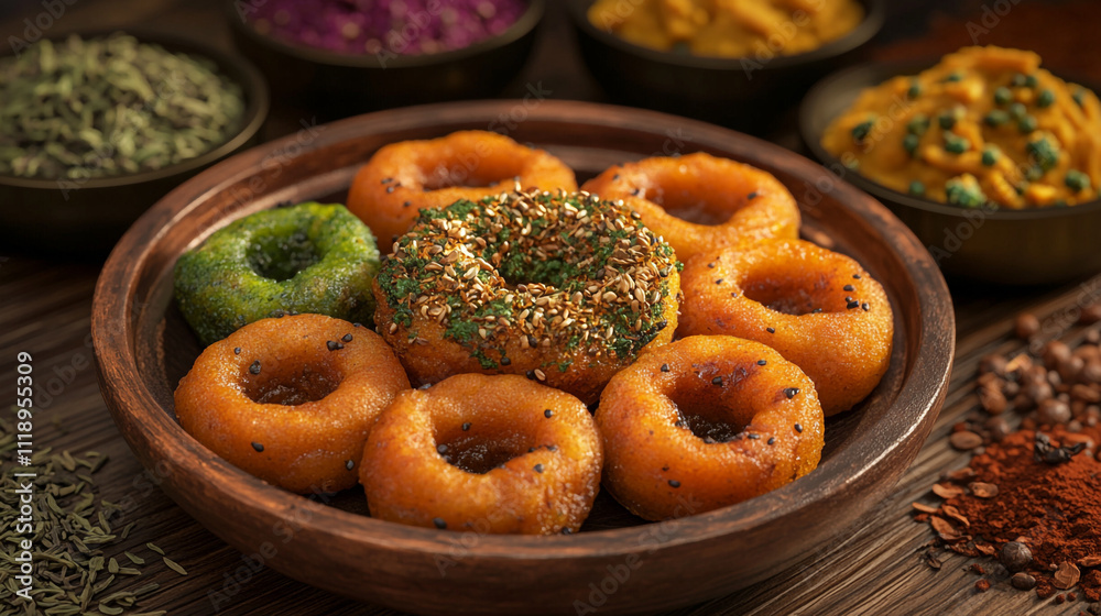 Traditional Indian sweets arranged on a wooden platter with vibrant garnishes Traditional Indian sweets arranged on a wooden platter with vibrant garnishes