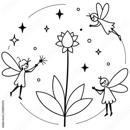 Three tiny fairies with delicate wings dance around a single flower, their bodies shimmering with sparkling wan