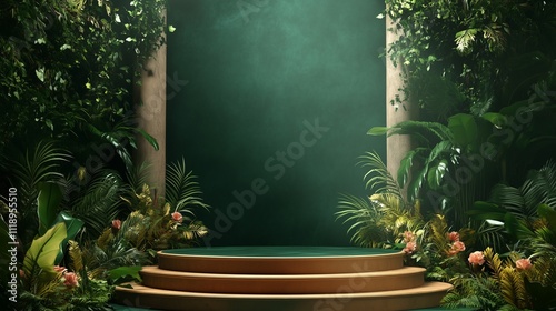 Elegant 3D Podium with a Rich Green Background  
