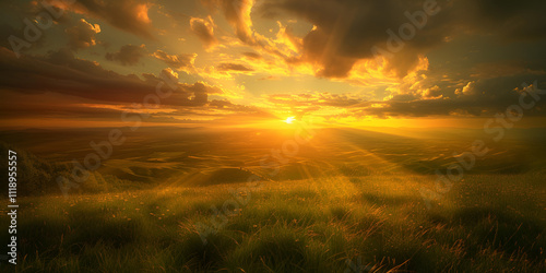 Serene sunrise casting warm light over grassy field with drifting clouds, Tranquil sunrise illuminating grassy field under soft clouds photo