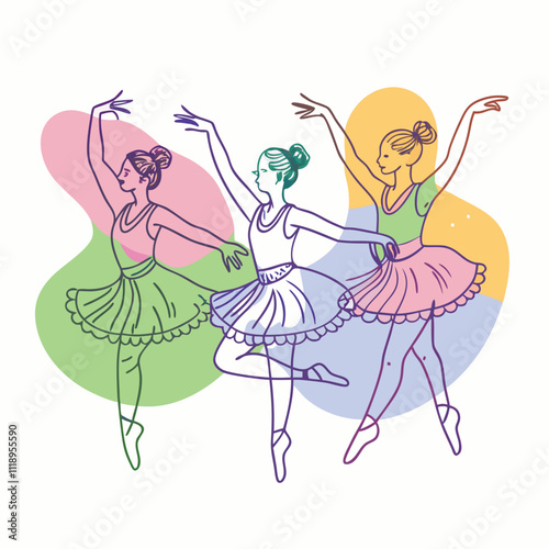 Three young ballerinas in colorful tutus practice ballet poses against a background of abstract shapes