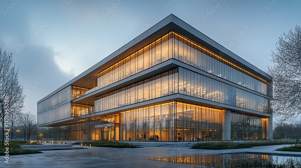 An office building with a polished concrete facade and large windows An office building with a polished concrete facade and large windows