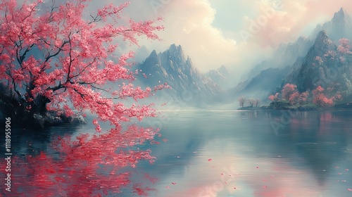 Fototapeta Naklejka Na Ścianę i Meble -  An oil painting of flowers on a lake, resembling cherry blossoms in soft hues