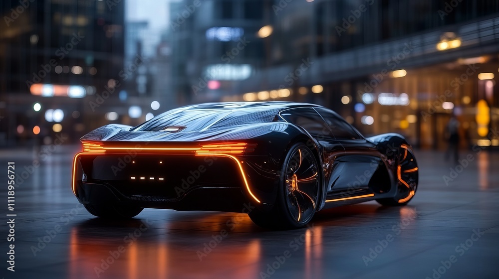 Obraz premium Futuristic Car with Glowing Lights in Urban Nightscape