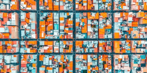 A vibrant aerial view of colorful rooftops, showcasing a densely packed urban environment with a mix of orange, blue, and white structures.