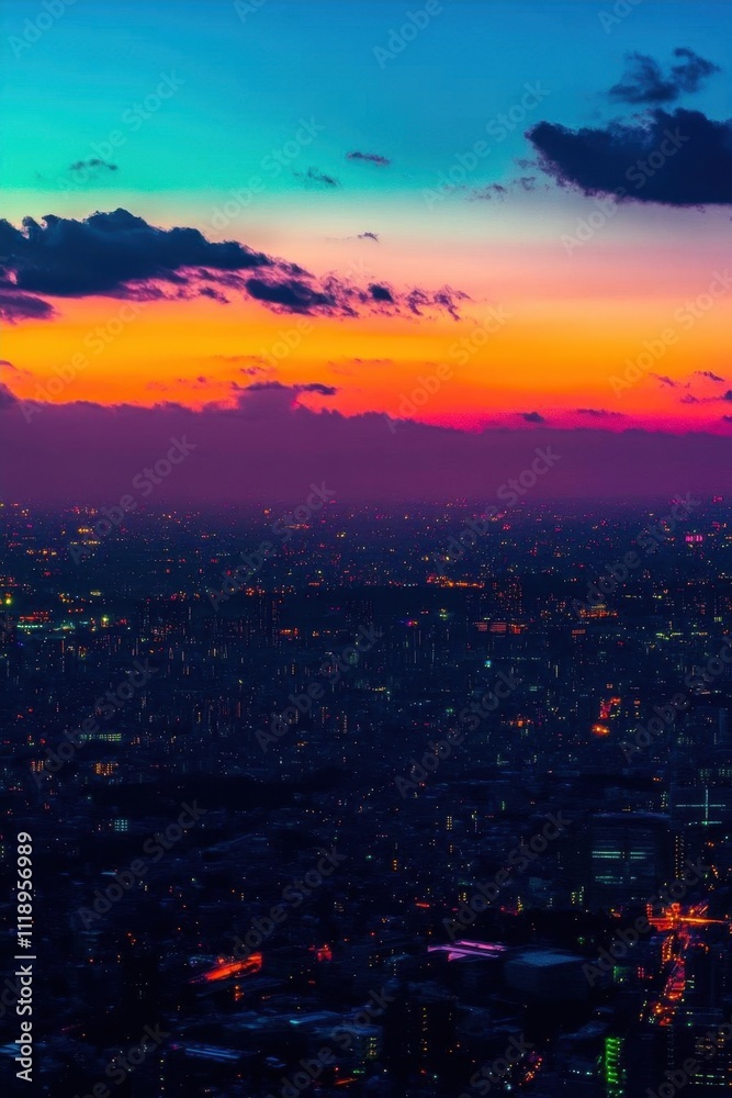 Fototapeta premium A vibrant sunset over a cityscape, showcasing colorful skies and lights.