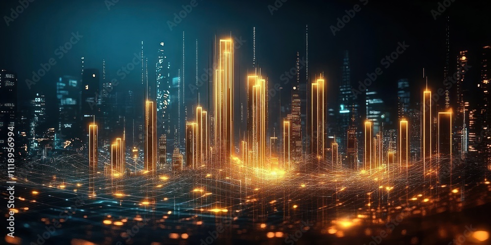 Obraz premium Futuristic Business Data Visualization with Glowing Bar Graphs and Dynamic Line Charts in Cyberpunk Style