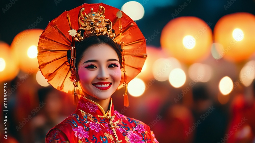Happy Chinese New Year Woman in Red Dress Headwear
