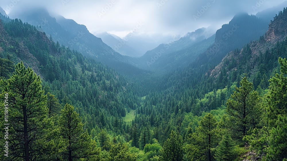 Fototapeta premium An overhead view captures a dense pine forest with lush green needles and dark gray trunks, framed by towering mountains under a heavy rainstorm