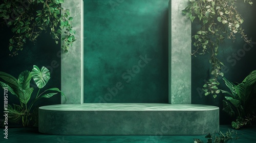 Elegant 3D Podium with a Rich Green Background  
