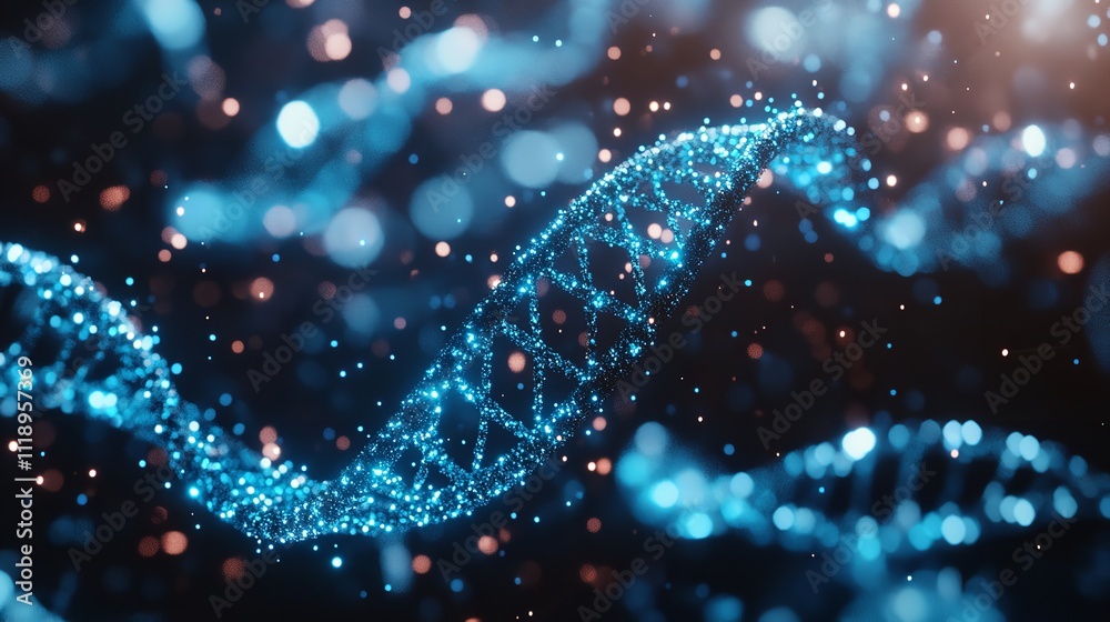 Abstract DNA Structure Glowing Lines and Dots Dark Blue Background. Abstract DNA Structure Glowing Lines and Dots Dark Blue Background.