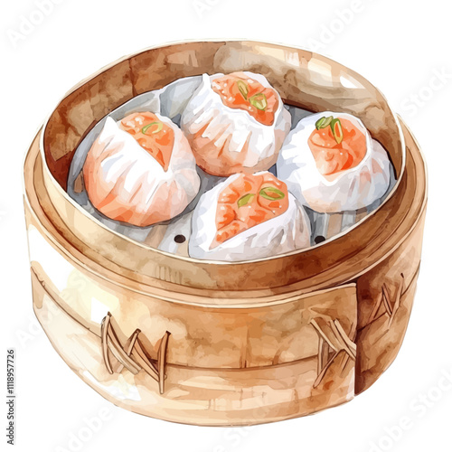 A watercolor painting of dim sum, isolated on a white background. Dim sum vector.