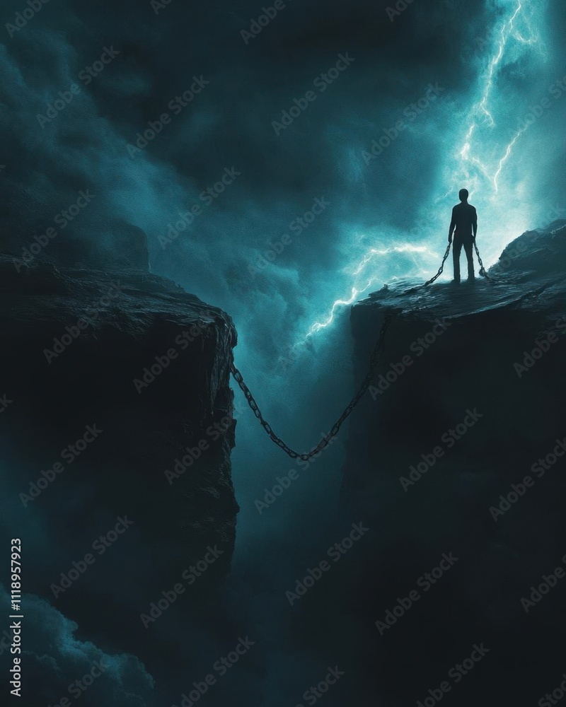 Obraz premium A figure stands on a cliff, bound by chains, amidst stormy skies.