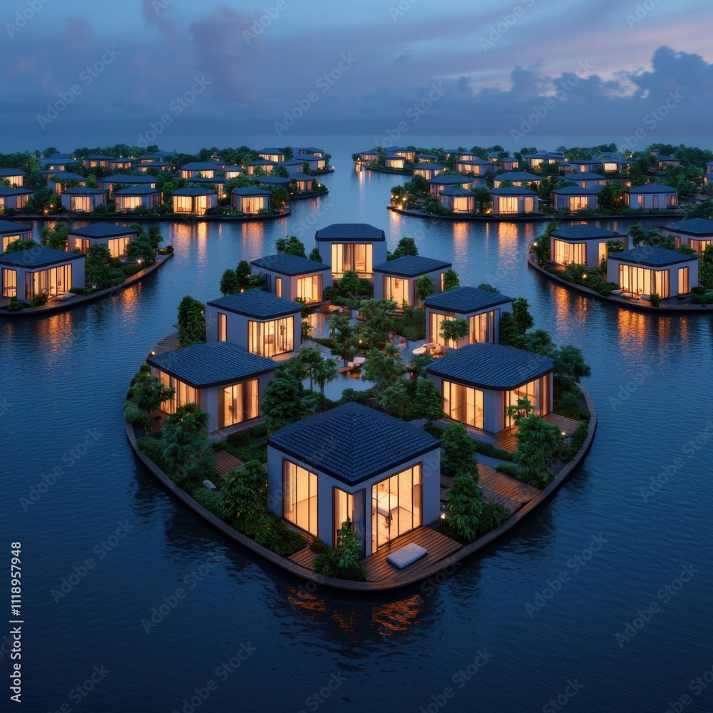 Fototapeta premium A serene aerial view of modern floating houses surrounded by tranquil water, showcasing a harmonious blend of architecture and nature at dusk.