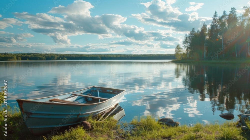A serene lakeside scene with a boat and reflective water under clouds. A serene lakeside scene with a boat and reflective water under clouds.