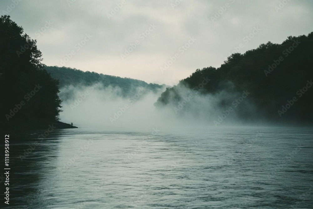 A misty river scene surrounded by lush hills under a cloudy sky. A misty river scene surrounded by lush hills under a cloudy sky.