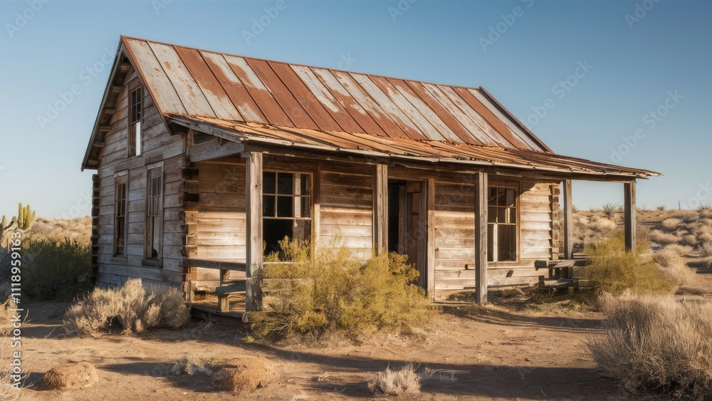 Abandoned Rustic Desert Cabin with Overgrown Garden and Golden Afternoon Light Abandoned Rustic Desert Cabin with Overgrown Garden and Golden Afternoon Light