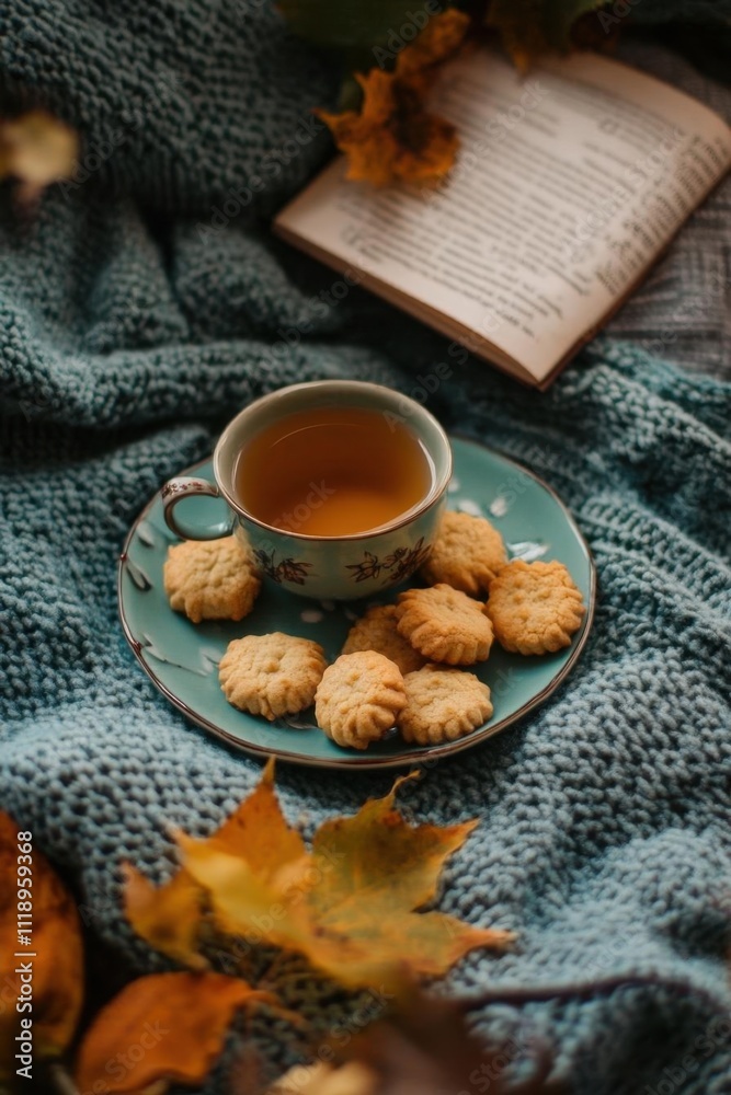 A cozy scene with tea and cookies on a knitted blanket. A cozy scene with tea and cookies on a knitted blanket.