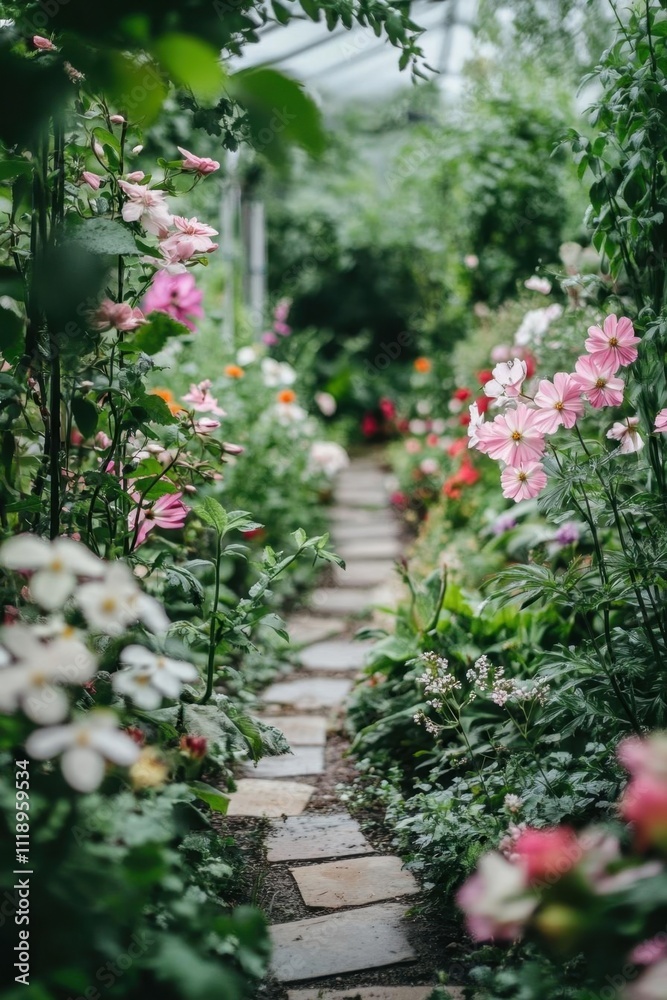 A serene garden path lined with vibrant flowers and greenery. A serene garden path lined with vibrant flowers and greenery.