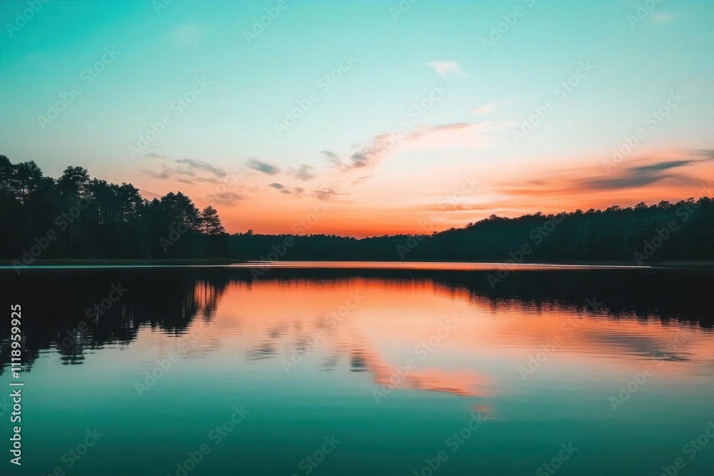 Serene lake at sunset reflecting colorful skies and trees. Serene lake at sunset reflecting colorful skies and trees.