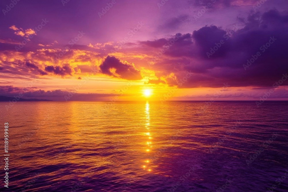 Fototapeta premium A vibrant sunset over calm ocean waters, showcasing nature's beauty.
