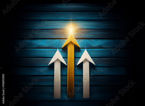 Glowing gold arrow surpasses two white arrows against a dark wood backdrop, symbolizing achievement and standing out from the crowd. photo