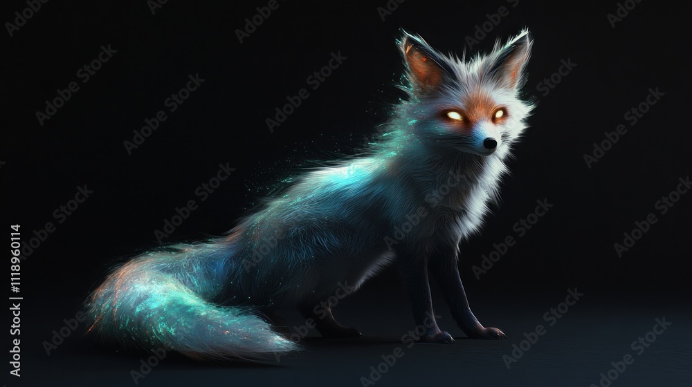3D holographic fox with bushy tail, glowing fur highlights, black background 3D holographic fox with bushy tail, glowing fur highlights, black background