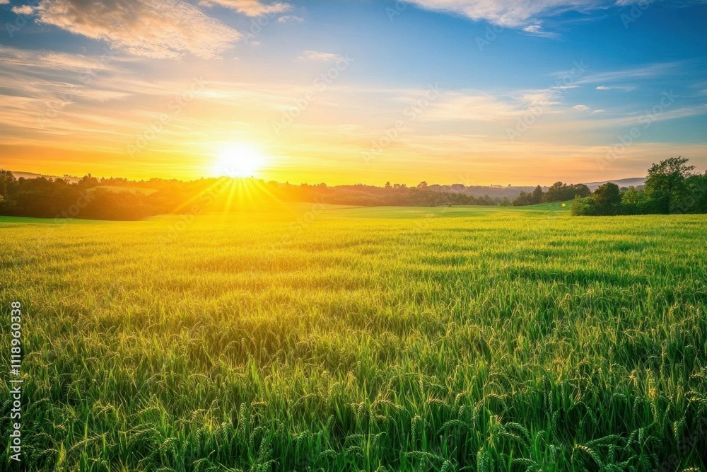 A serene sunrise over a lush green field, symbolizing nature's beauty. A serene sunrise over a lush green field, symbolizing nature's beauty.