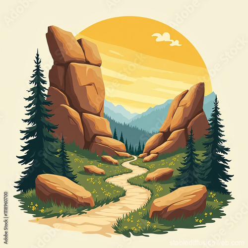 Yellowstone National Park Nature is calling beautiful scenery, with river and pine tree, stone, cartoon-style 