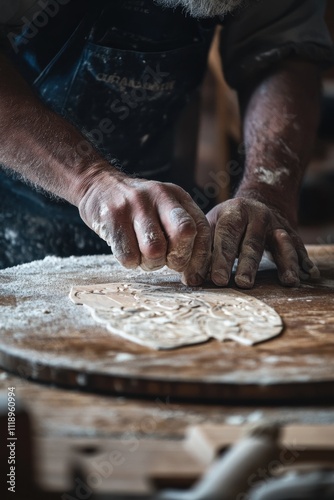 A craftsman shapes dough on a wooden board, showcasing artisanal skills.