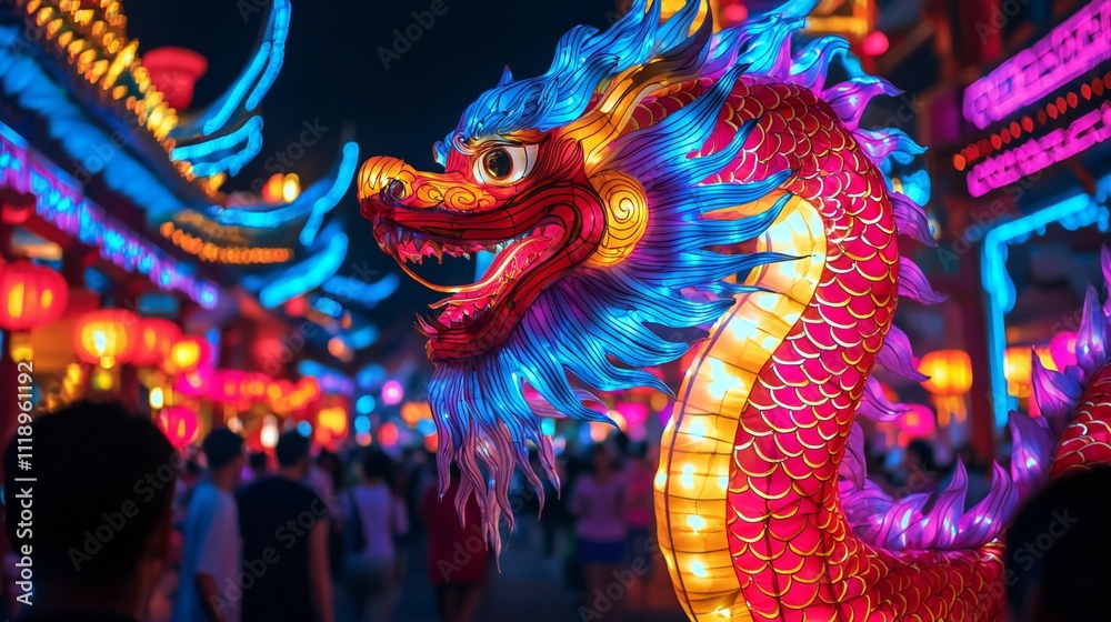 Obraz premium Illuminated Dragon Lantern Chinese New Year Festival Night Scene